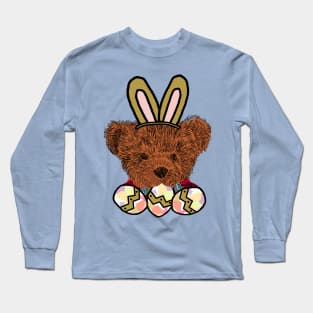 Happy Easter Bunny Ears on Teddy Bear Eating Easter Eggs Long Sleeve T-Shirt